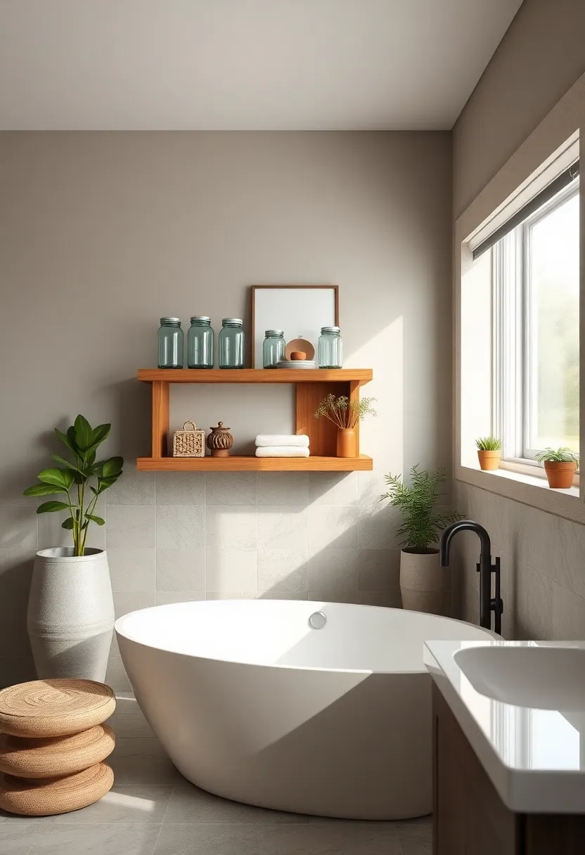 Open Shelving with Vintage Mason Jars and Cozy Decor Accents‌ Elevating a Modern Farmhouse Bathroom Ambiance