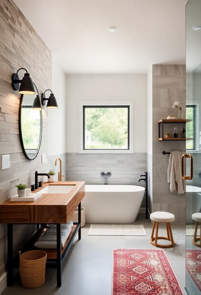 Rustic Reclaimed barn Wood Vanity Paired with ‍Modern Matte Black Fixtures ‍in a Light-Filled Farmhouse Bathroom