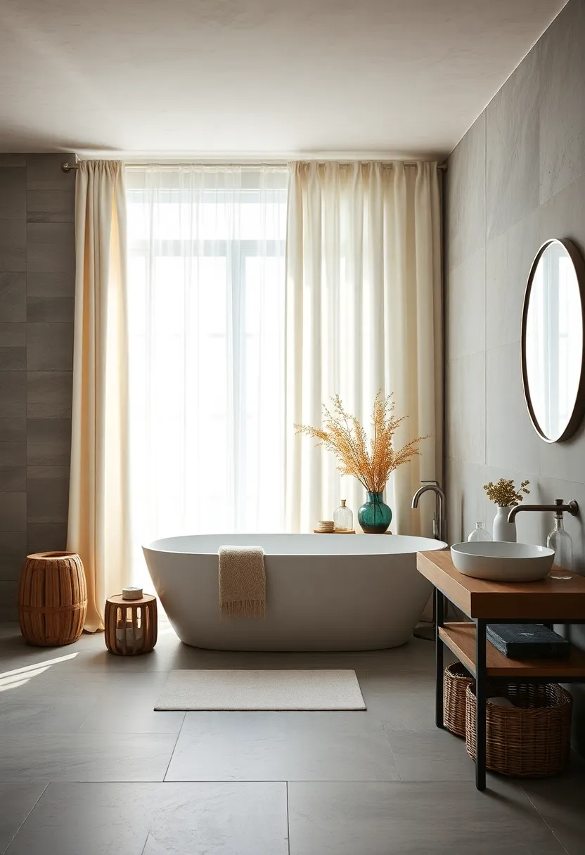 Soft ‌Sheer Curtains Draping Around a​ Deep Soaking Tub in a Rustic Bathroom with Natural Light Overflowing
