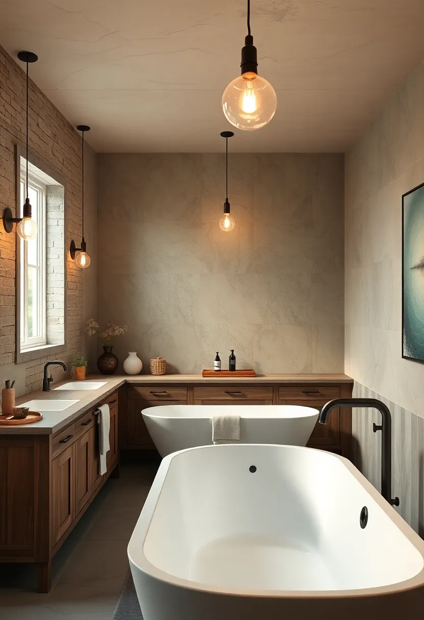 Soft Edison Bulb Lighting Casting a Warm Glow on Distressed Wood Cabinets and a Spacious Bathroom Tub Scene