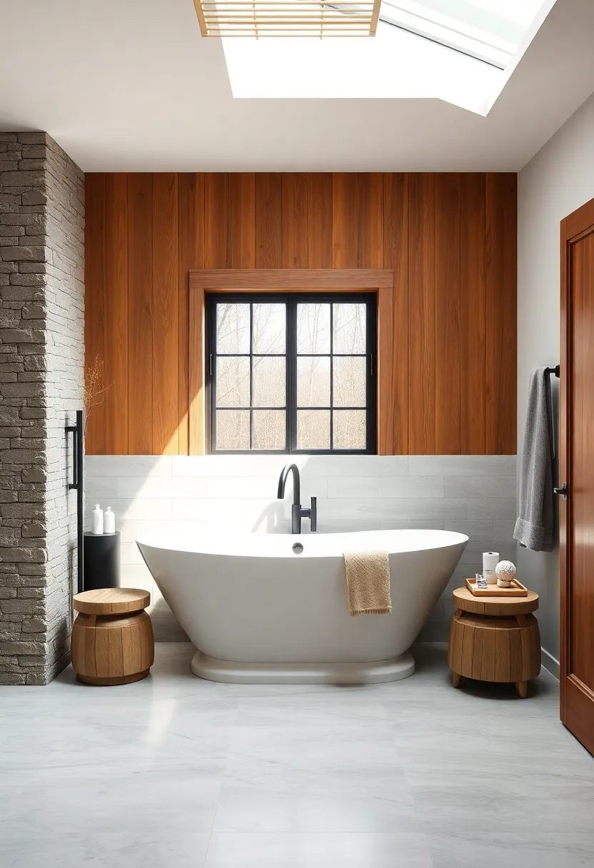 Stone and Wood Combined Seamlessly in a Farmhouse Bathroom Featuring a Freestanding Tub Under ⁢a Skylight