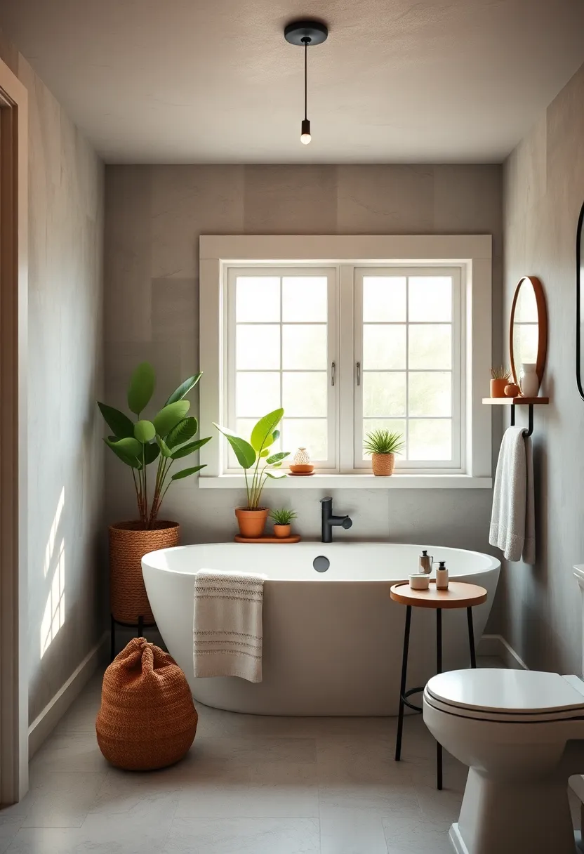 Subtle greenery and Potted Plants Lending Freshness ​to⁤ a Farmhouse Bathroom⁣ Featuring‌ a Cozy Tub Hideaway