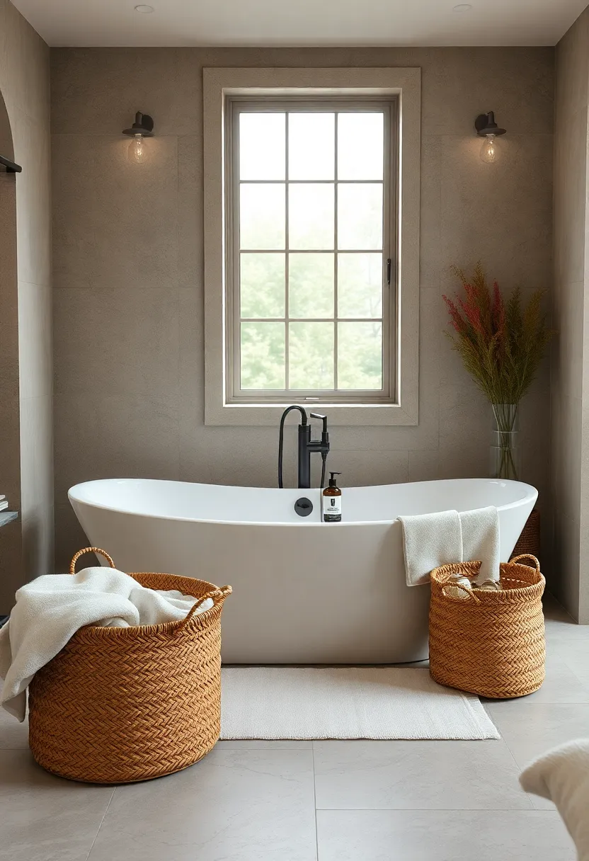 Woven Baskets Filled with Fluffy Towels and Natural‌ Bath Products‌ Enhancing the Comfort of a Rustic Tub Retreat