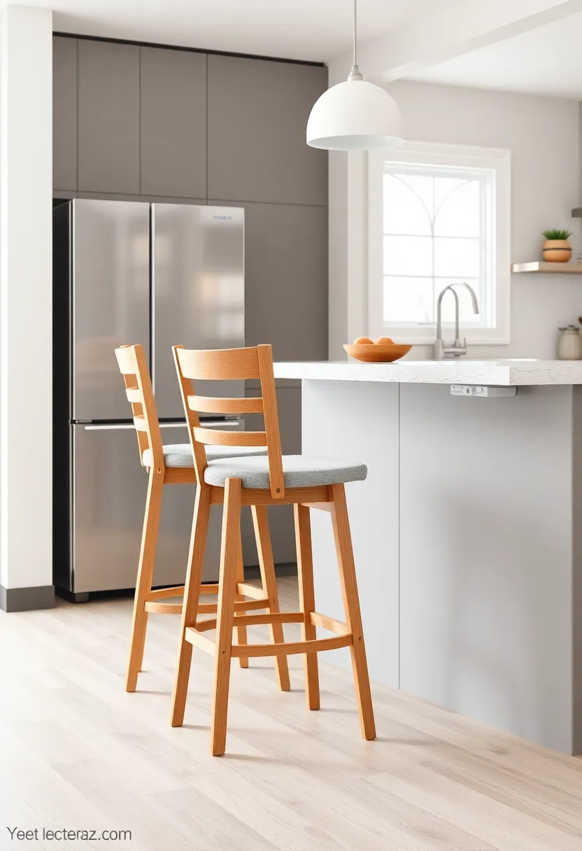 Contemporary Ladder-Back Stools with Light Oak Finish‌ and​ Cushioned Seats