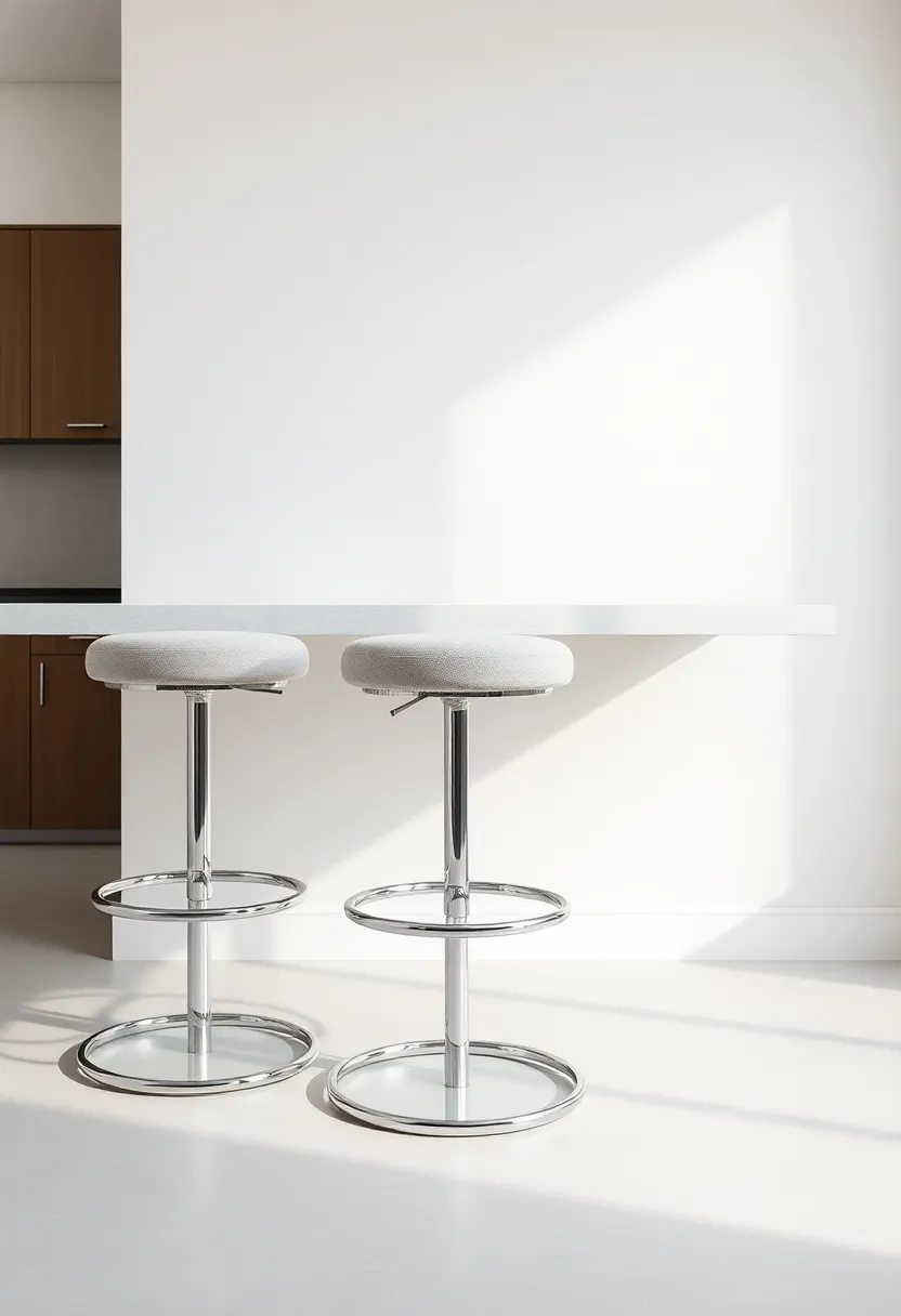 Plush Linen ​Covered Stools with Sleek Chrome Legs for Balancing Texture and Shine