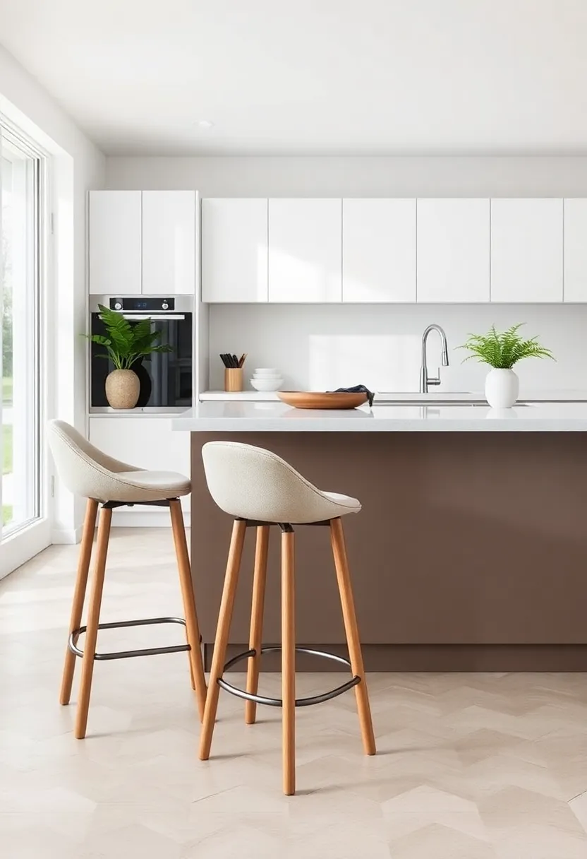 Wide-Seated Contemporary Stools Featuring Soft Curves and Neutral ⁣Fabric Covers