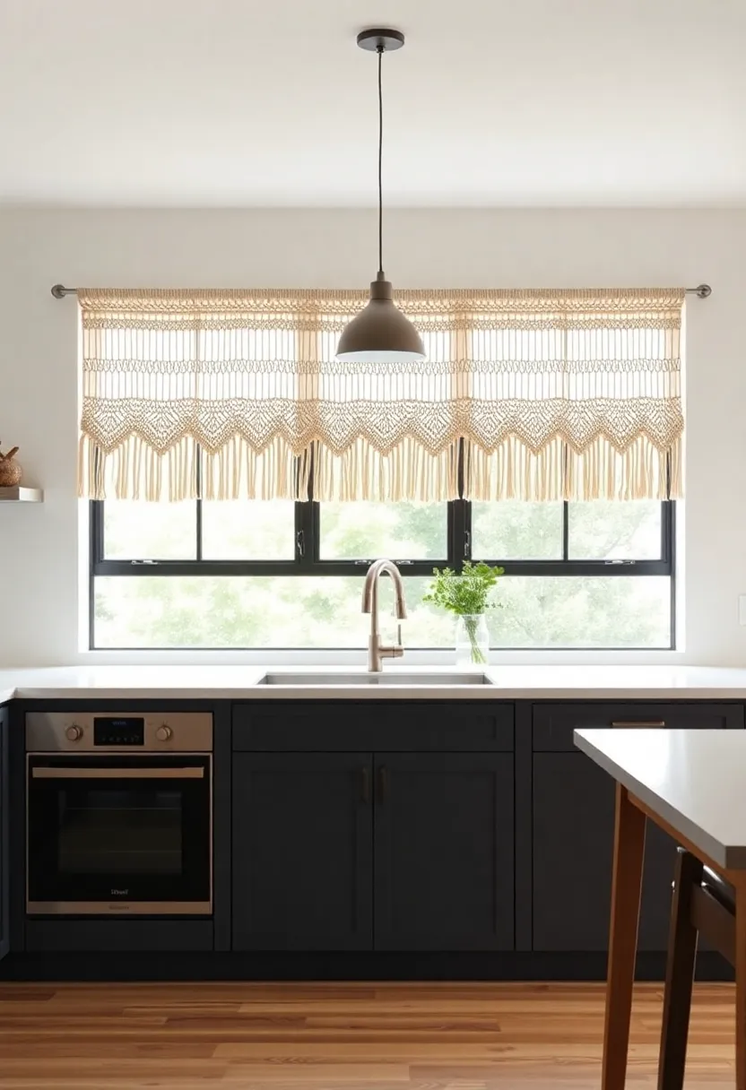 Bohemian Macrame Valances Introducing artistic Flair and Tactile Interest in minimal Kitchens