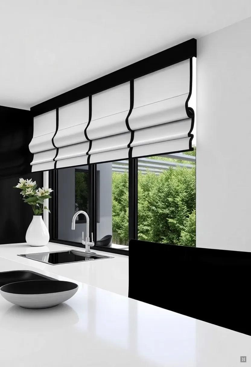 Bold Black and White Valances for Dramatic Contrast Against Sleek Surface Designs