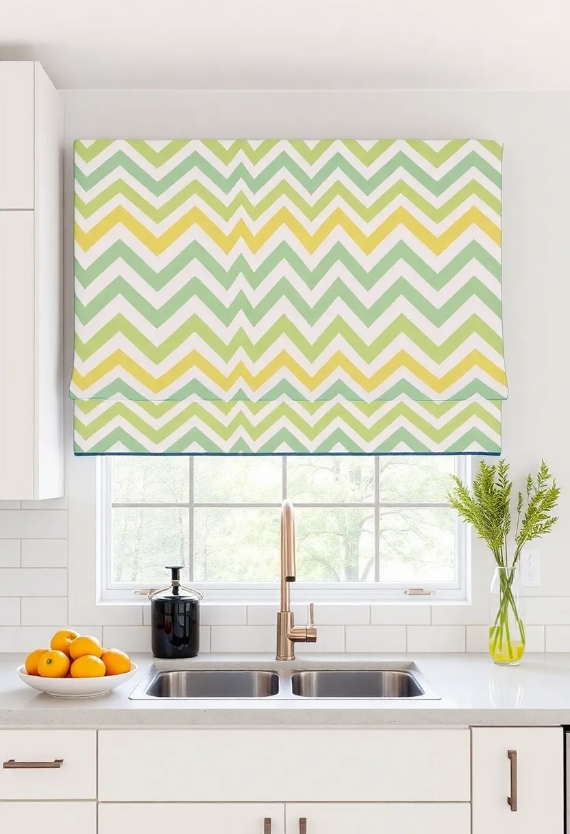 Bright Chevron Patterned Valances Energizing Kitchen Spaces with Dynamic Graphic Vibrancy