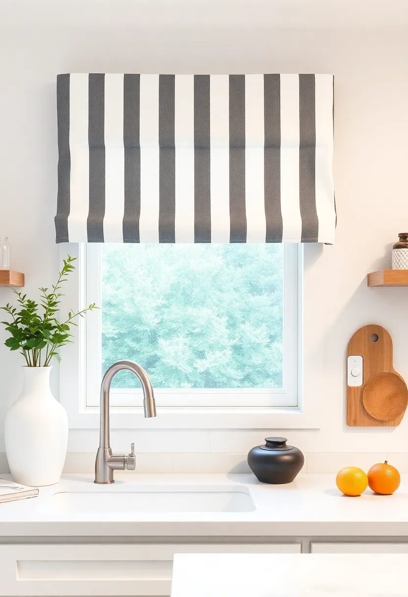 casual striped Valances Evoking a Cozy Coastal Vibe in Modern Kitchen Settings