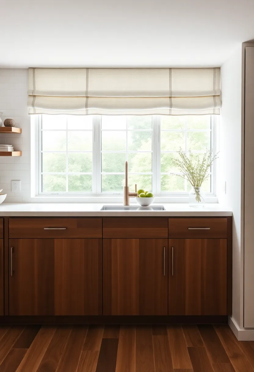 Chic Linen Valances with Subtle Patterns to soften a Bright Modern Kitchen Window Space