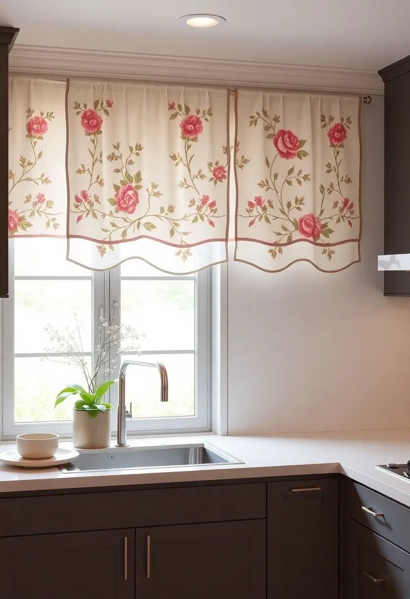 Floral Embroidered Valances Introducing a Touch of Classic Charm to Modern Kitchen Decor