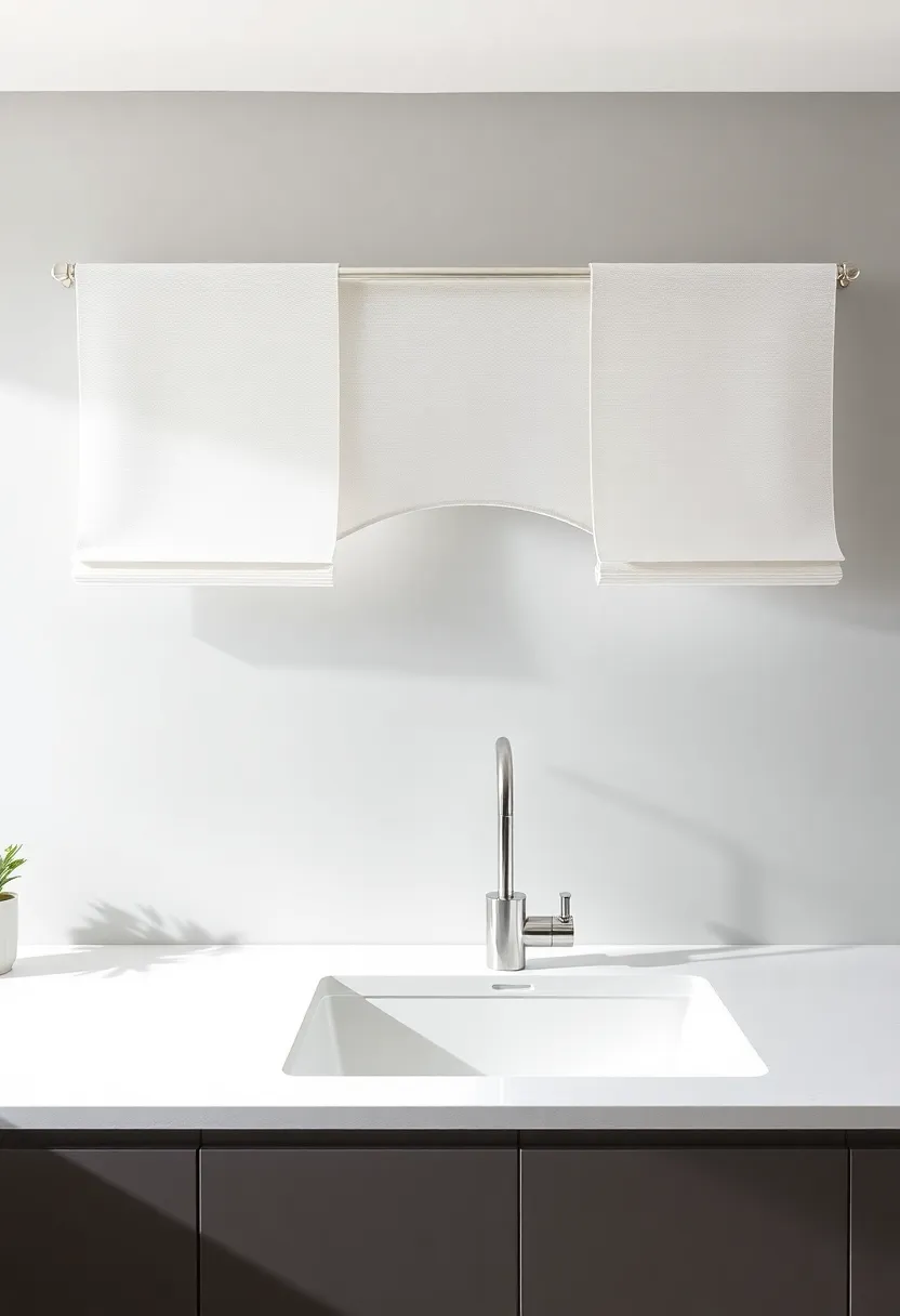 Minimalist Valances with Whisper Thin Rods Creating a Floating Effect Over Kitchen Sinks