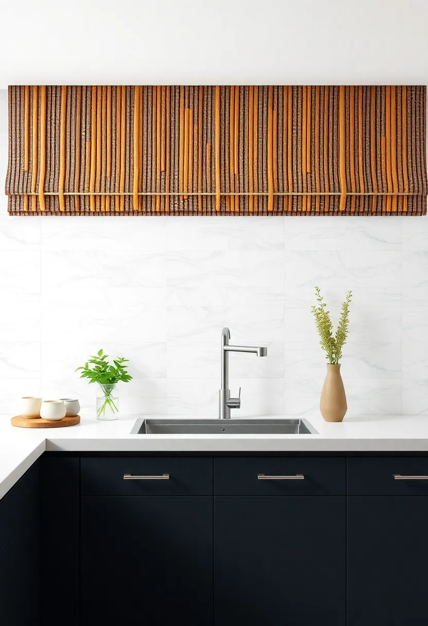 natural bamboo Valances Infusing Eco-Friendly and Textural Contrast into Modern Kitchen Designs
