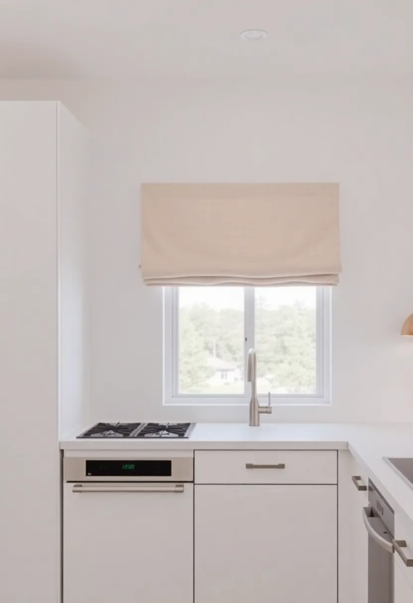 Neutral Toned Roman valances Enhancing Sleek Cabinetry and Stainless Steel Appliances