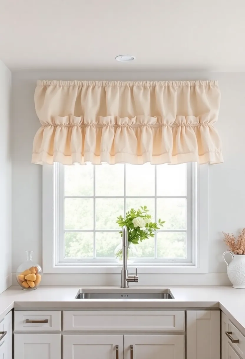 Soft Ruffled Valances Creating Feminine and Inviting Appeal Above Kitchen Windows