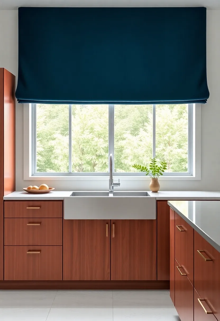 velvet Textured Valances in Deep Jewel tones Adding Warmth and Luxury to Minimalist Kitchens