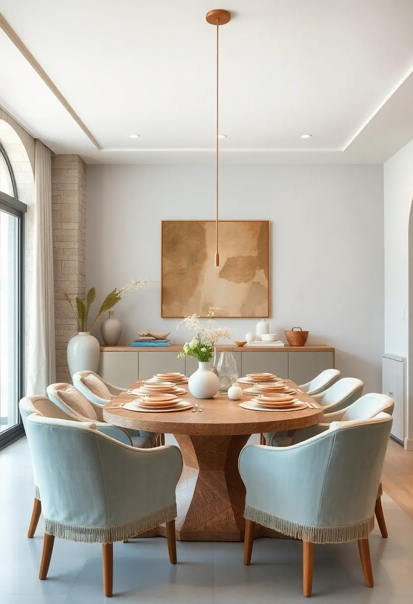Calm Coastal Neutrals: Soft sandy hues mixed with muted blues evoke serene coastal​ charm in a neutral dining space