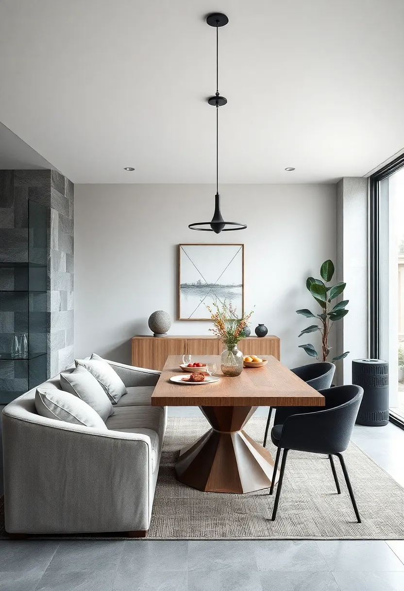 Monochrome Minimalism: Shades of grey from charcoal to dove blend seamlessly, offering a sleek yet ‌cozy dining environment