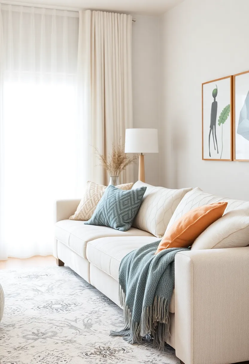 Embrace Layers: Stack cozy throws and plush pillows on your sofa for a warm and inviting feel that beckons to be snuggled in