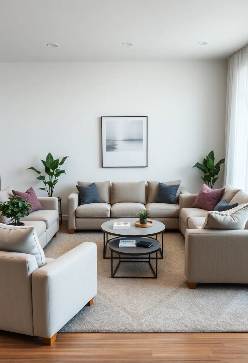 Gallery Wall: Curate a collection of neutral-toned artwork or family photos in soft frames to personalize your living room while maintaining a cozy vibe