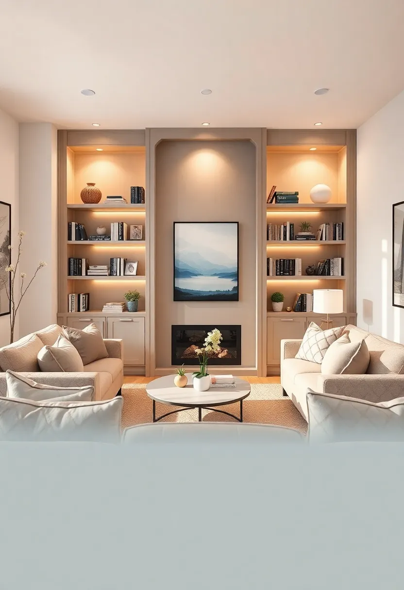 built-in Bookshelves: Incorporate soft lighting in your shelves, filled with plush books and decor, creating a charming focal point that's functional and cozy