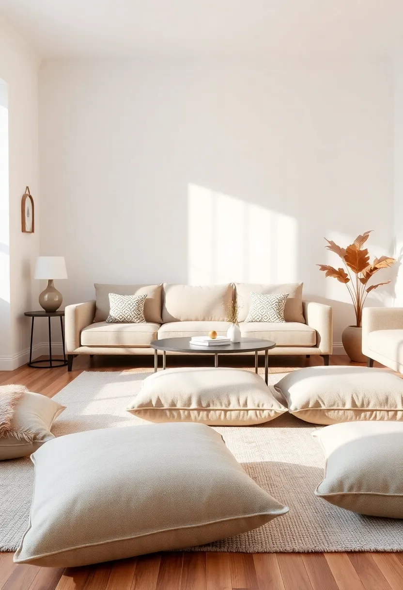 Floor Cushions: Scatter oversized cushions around the room for additional seating options that invite relaxed lounging and casual gatherings