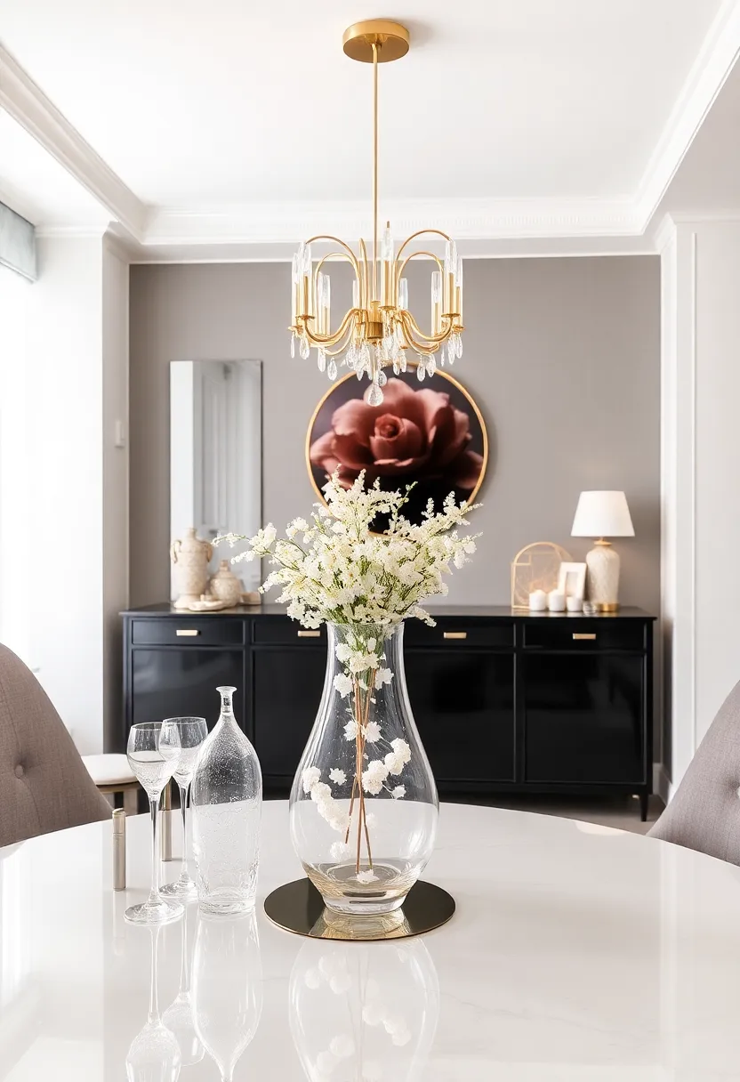 glass and Crystal Accents: utilize glass vases or crystal decor items that catch the light beautifully, enhancing the overall sparkle of your dining room