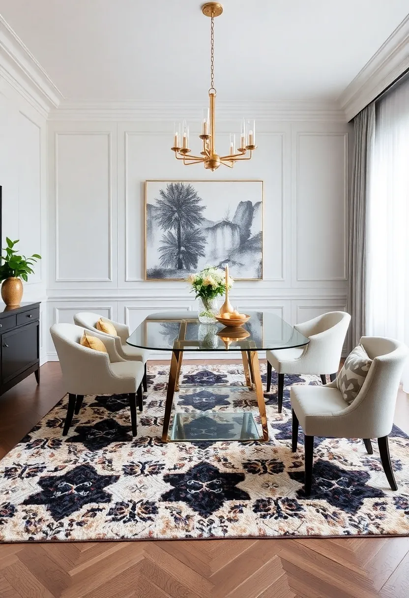 Statement Rugs: Lay down a plush, patterned rug that anchors your dining room, adding warmth and a chic layer to your decor scheme