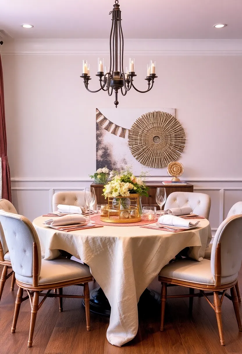 layered Textures: Combine various textures through linen napkins, satin tablecloths, and wicker accents to create depth in your dining decor