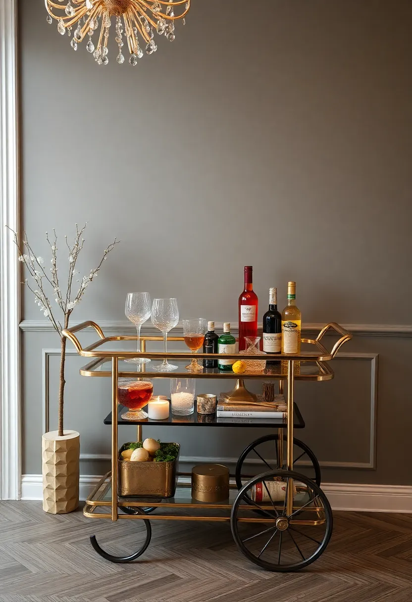 Eye-Catching Bar Cart: Set up a stylish bar cart decorated with chic glassware and festive spirits, turning your dining room into a stylish party zone