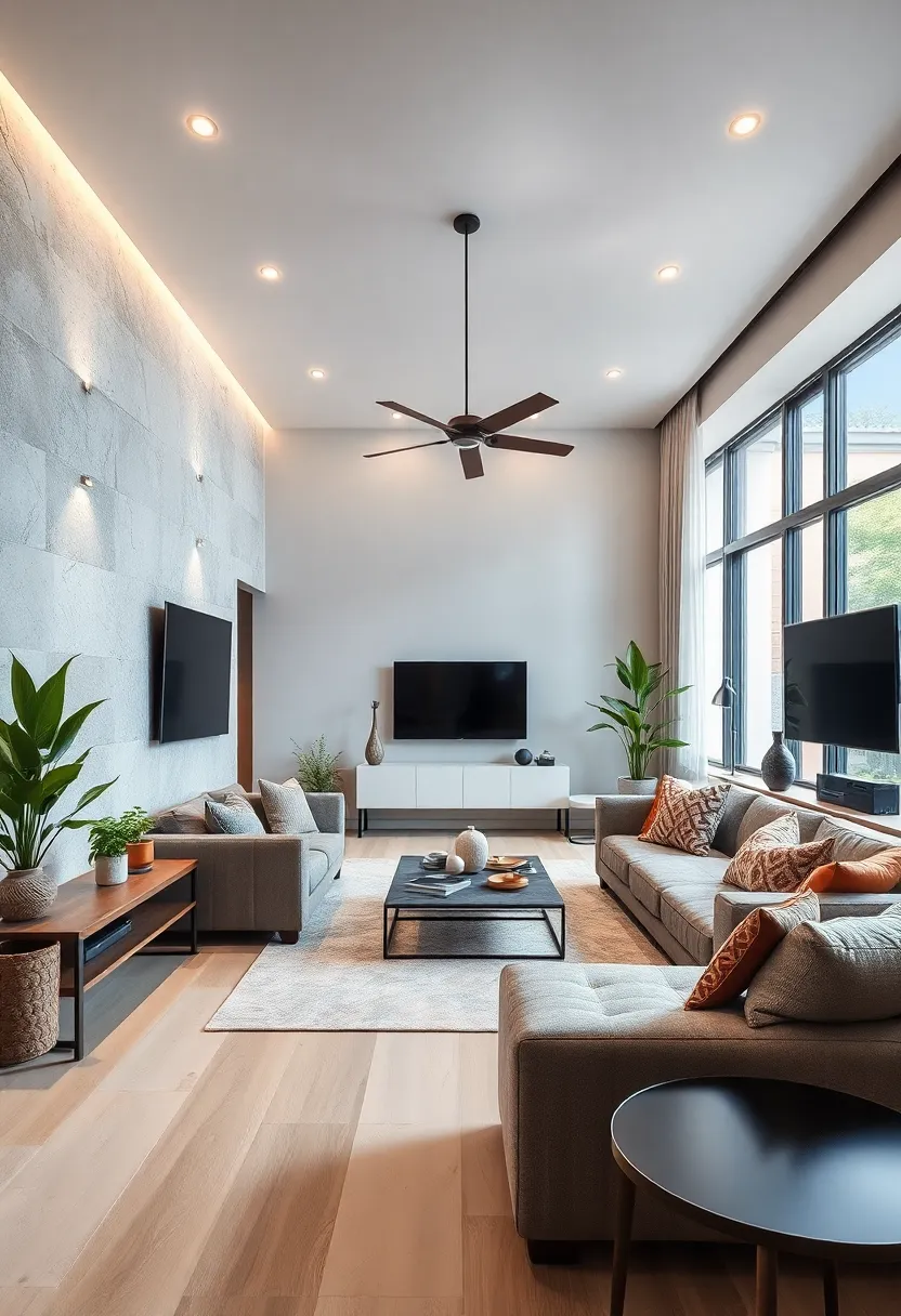 Integrate‌ technology with sleek design, such as wall-mounted TVs, to save surface space