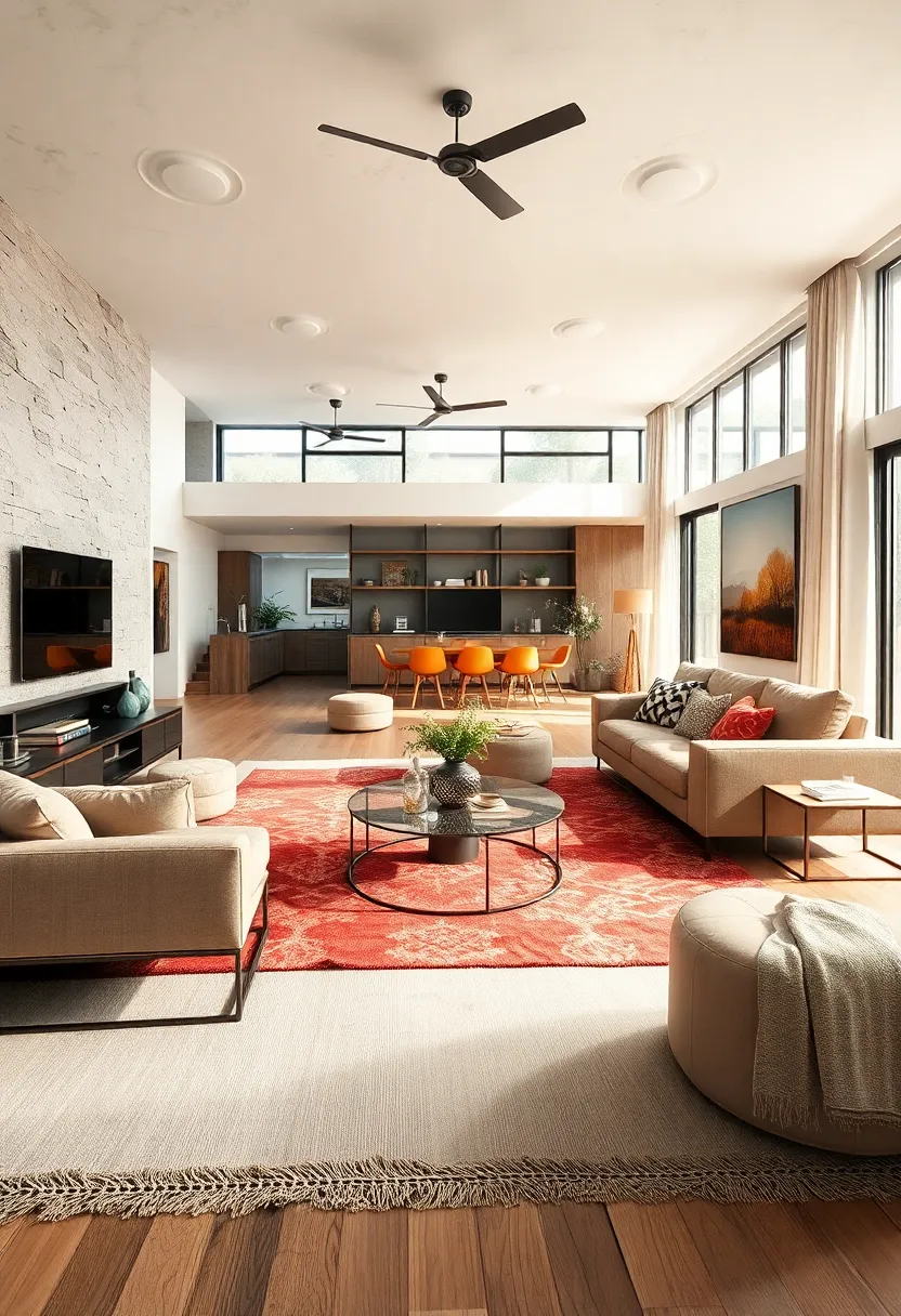 Choose rugs that define the living area while complementing the open concept layout