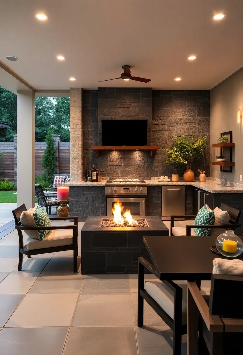 Dark basalt Firepit and Kitchen Combo: Pair a dark basalt⁣ stone kitchen with an integrated firepit for a dramatic visual effect