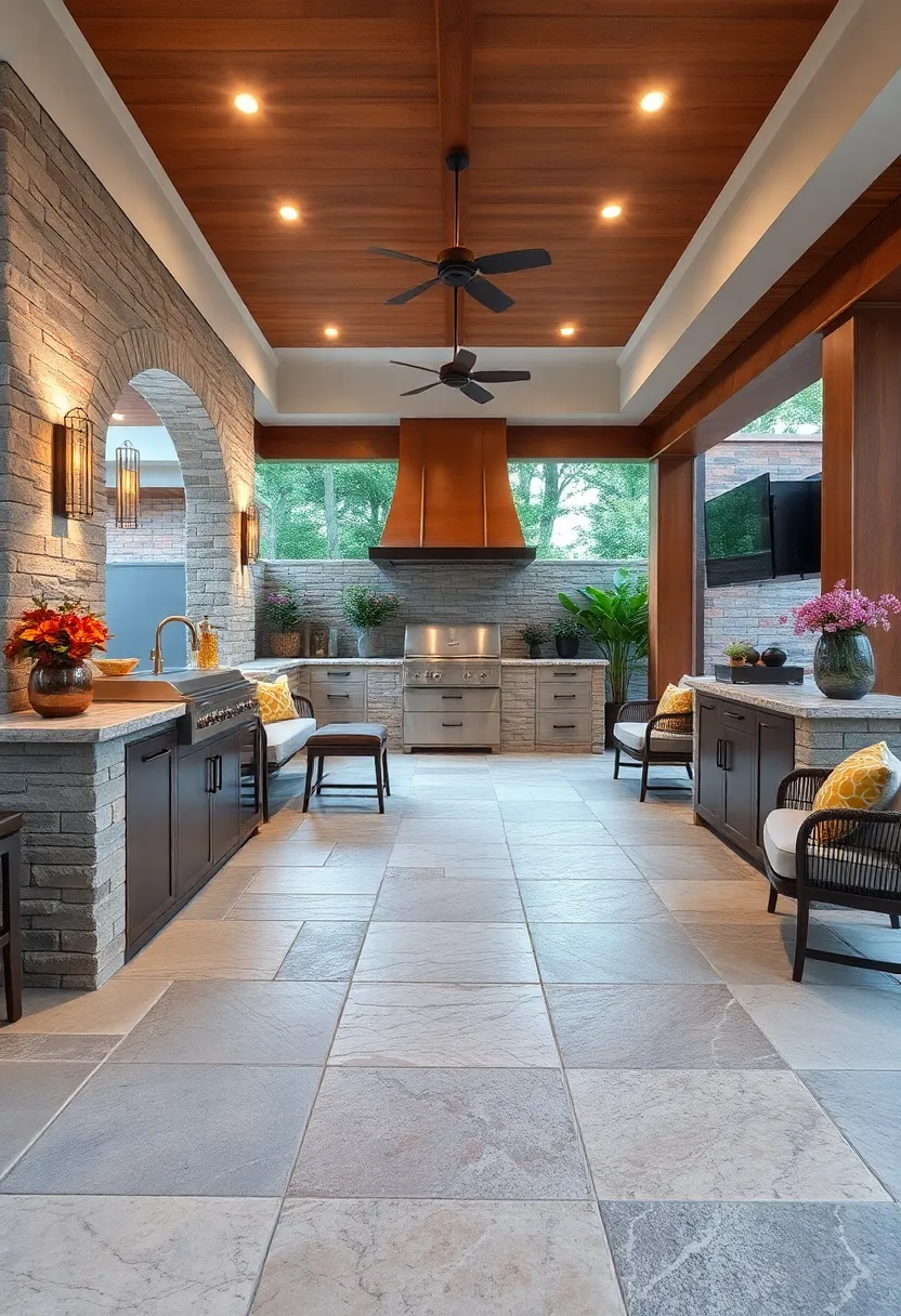 Natural Stone Flooring with Inlaid Patterns: Design intricate stone floor ‌patterns ⁣underfoot to ⁢elevate the outdoor kitchen’s style