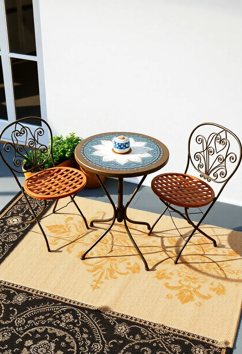 Artisan ‌Crafted Bistro ​Set with ‌hand-Painted ceramic Tabletop Laid Out on⁤ Patterned Outdoor Rugs