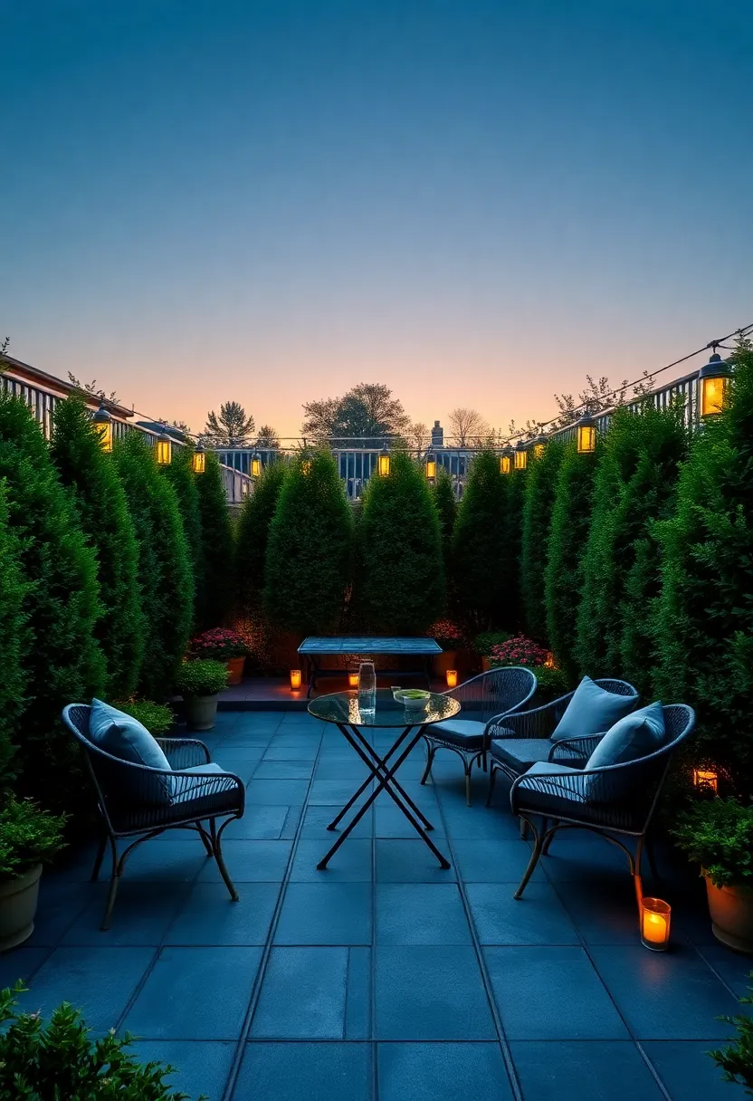 Bistro Set in a serene Courtyard Surrounded by Tall Hedges and Flickering Lanterns at Twilight