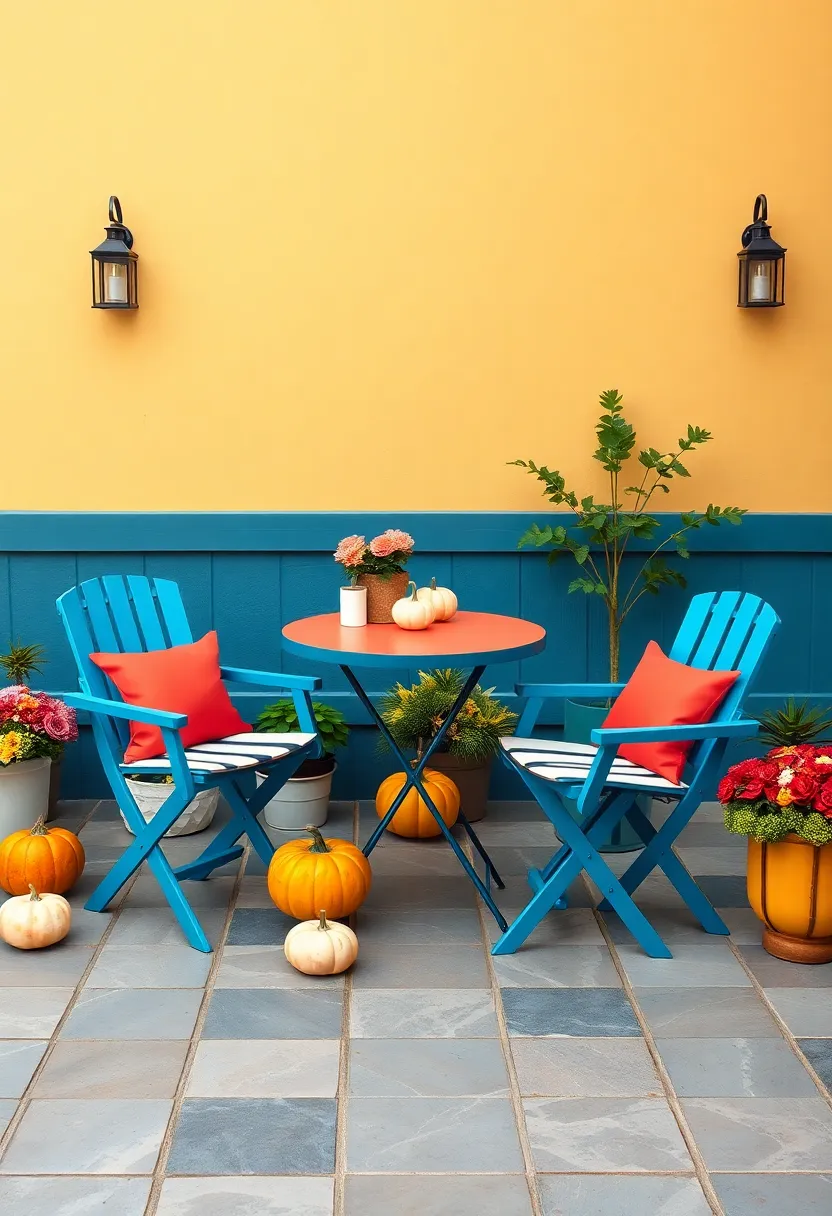 Bold Color-Blocked Bistro Furniture Arranged on a Checkerboard Stone Patio with gourds and⁤ Seasonal Blooms
