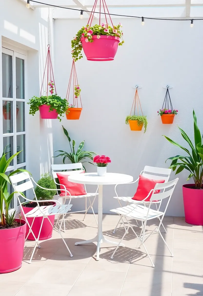 Bright and airy Patio Space with ‌sleek White Bistro Furniture Surrounded by‍ Colorful Hanging‌ Planters