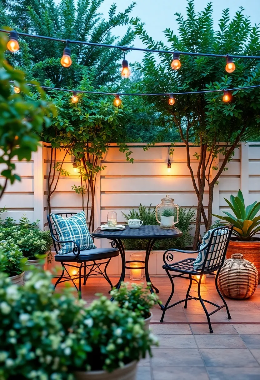 Charming patio Makeover Featuring Cozy Bistro Sets ⁣Amid ⁢Lush⁢ Greenery and Warm Ambient Lighting