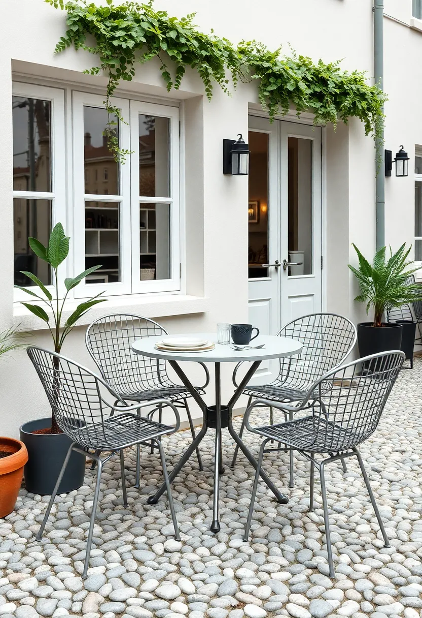 Chic Bistro Corner on a Pebbled Patio with Monochrome tableware and ⁢Sleek Metal Chairs