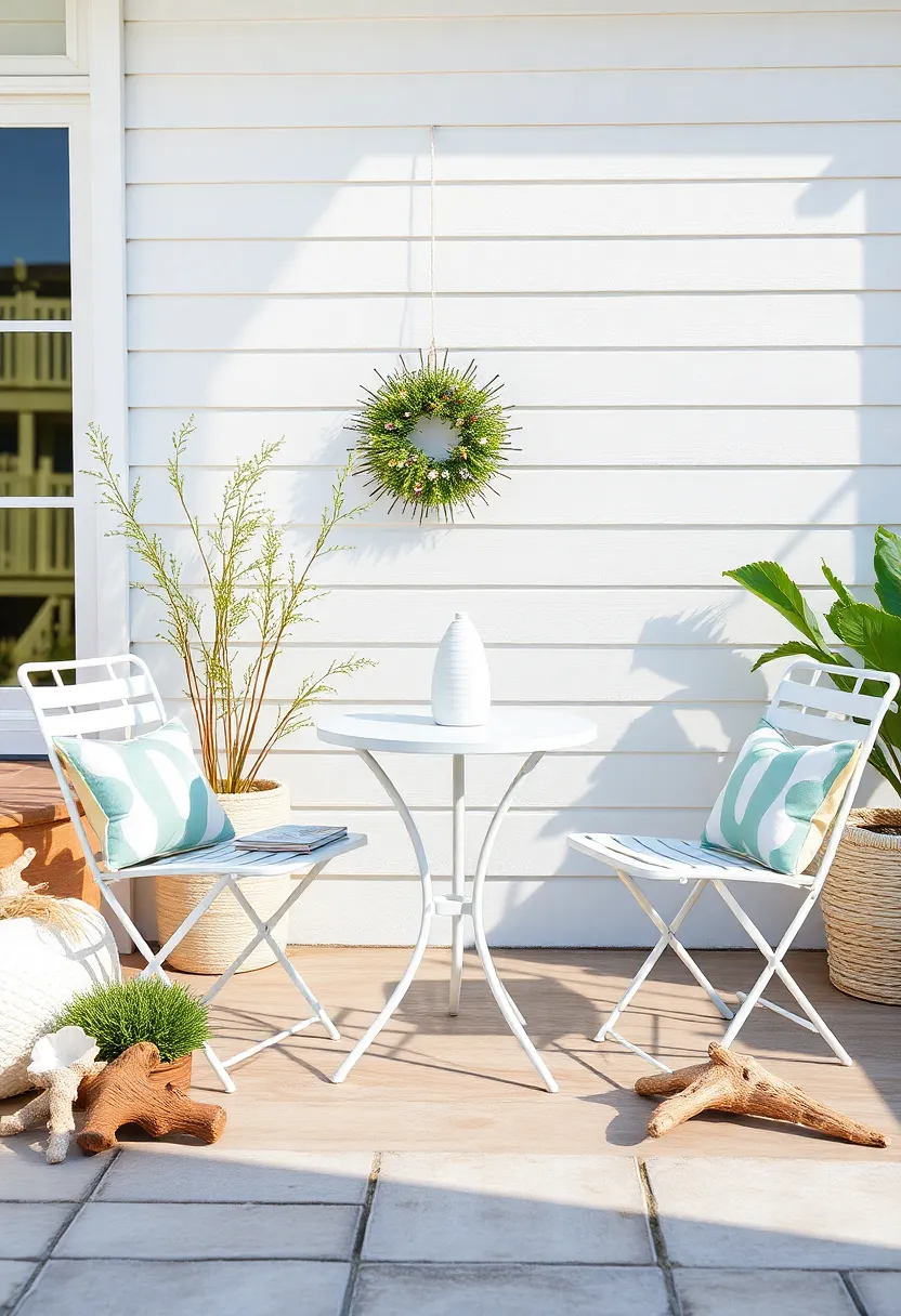 coastal Vibe Patio Scene with Weather-Resistant bistro Set Amid Seashell accents and Driftwood Decor
