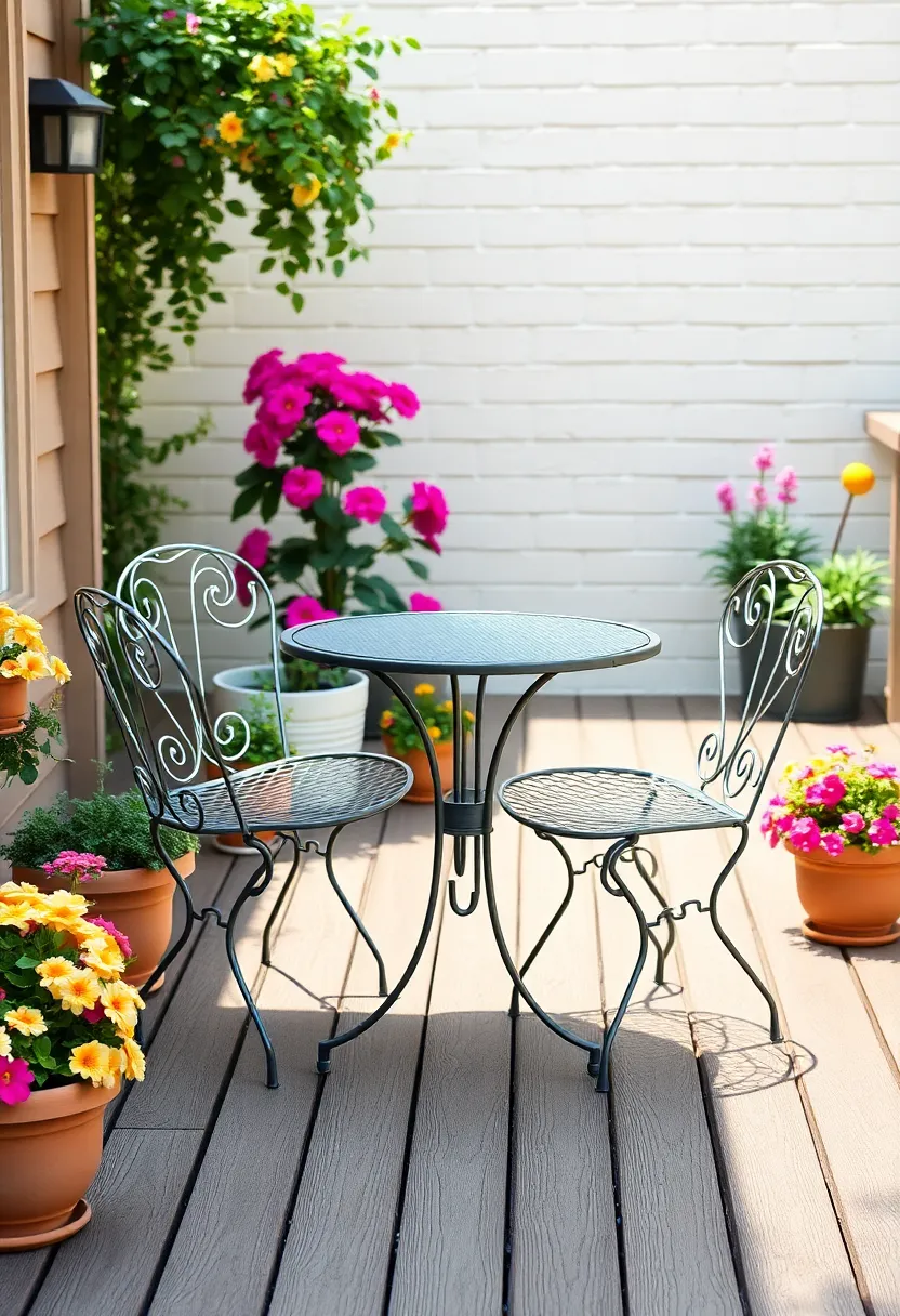 Elegant⁣ Metal Bistro Set Nestled on a Rustic Wooden Deck with Vibrant Potted Flowers Surrounding