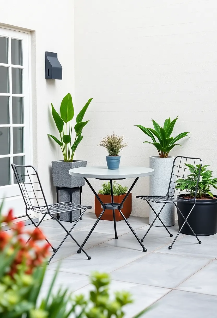 Industrial edge to‌ Patio Makeover Featuring ⁣Metal Bistro Chairs Paired with a concrete⁣ Table and Minimalist Planters