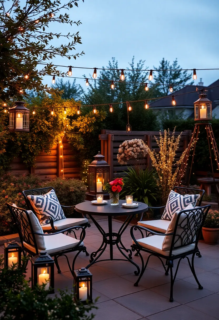 Inviting ‍Bistro Ensemble Surrounded by Twinkling Fairy Lights and Rustic Lanterns in an Evening ‍Garden