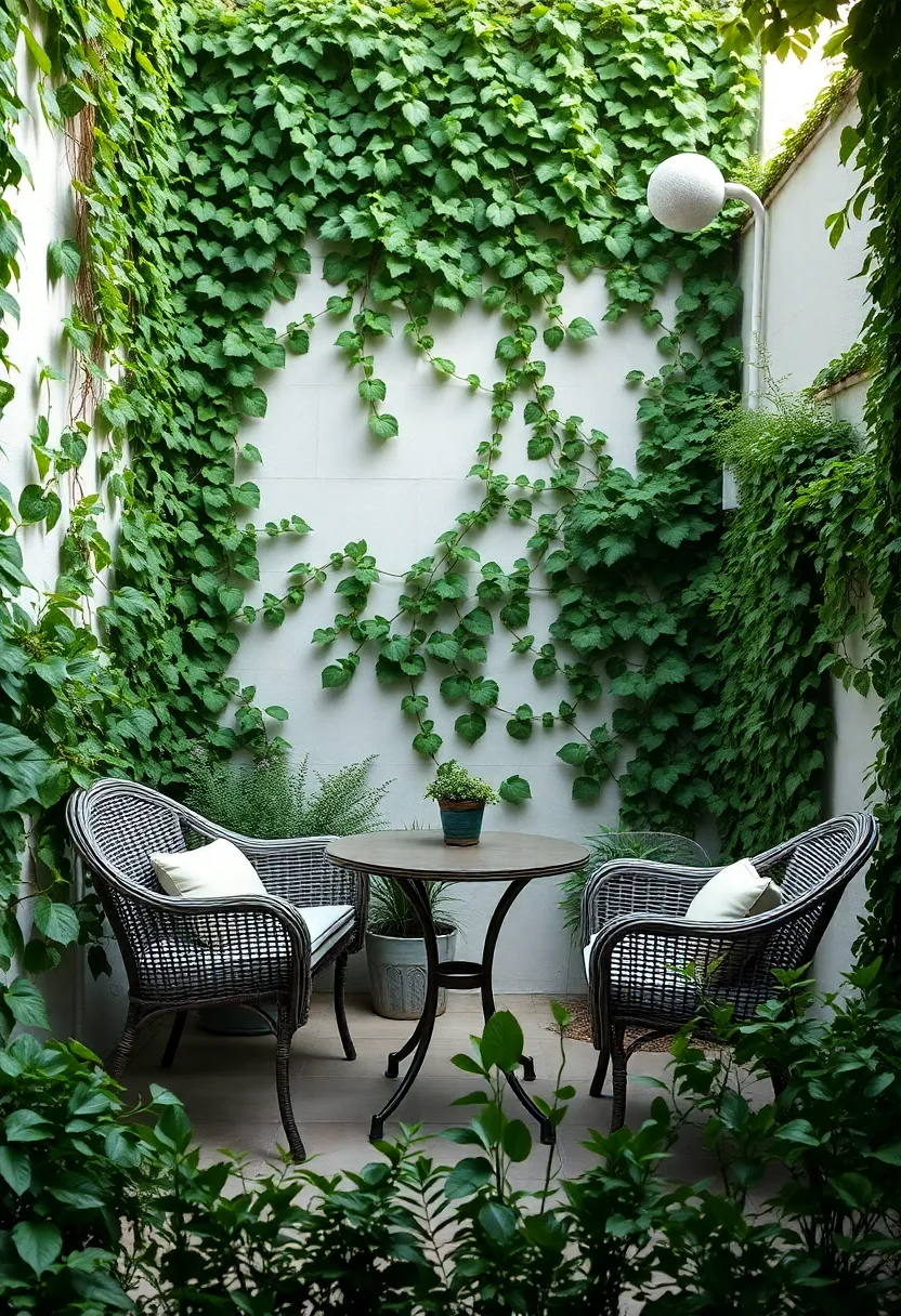Lush Green Oasis Framed by Ivy-covered‌ Walls​ Surrounding a Charming Wicker⁤ Bistro Set with Cushions