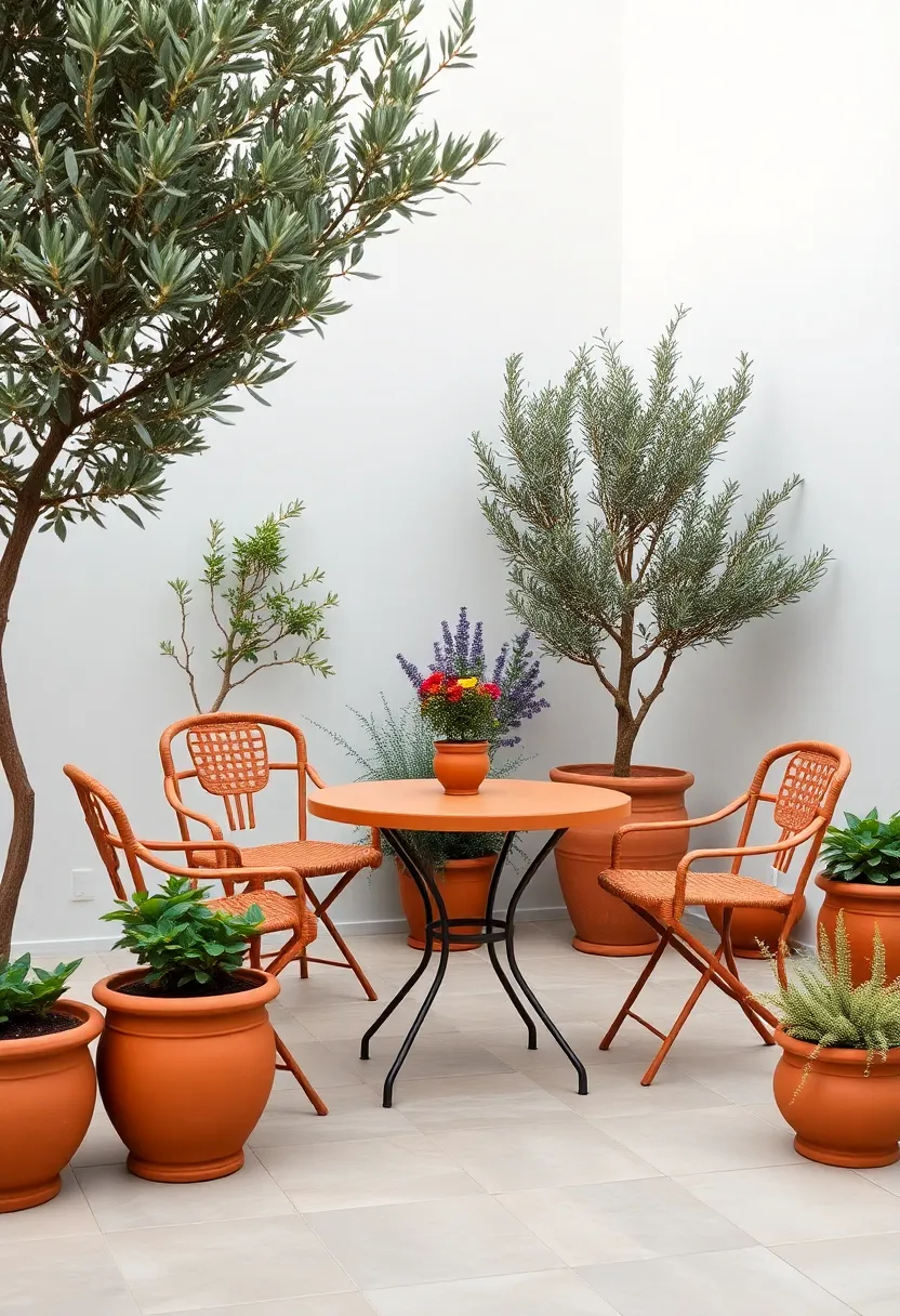 Mediterranean-Inspired⁣ Scene with Terra Cotta Bistro​ Set ​Amid Olive trees and Clay Planters