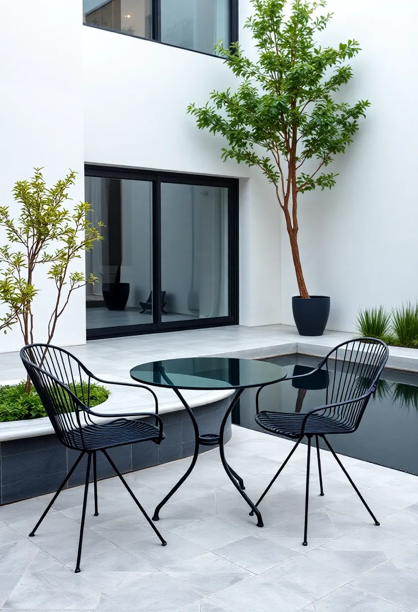 Modern Minimalist ‌Patio Featuring Black Bistro Chairs⁤ and a Glass-Top Table Beside a Reflective Water Feature