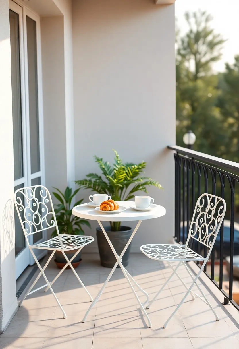 Quiet ‍Morning Light Illuminating a‍ Delicate White ​Bistro Table with Teacups and Croissants on a Balcony