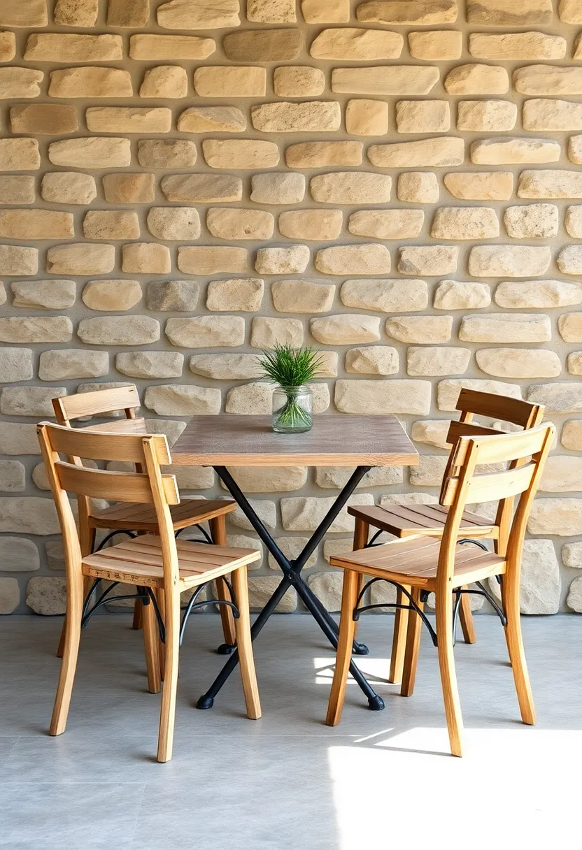 Rustic Charm with Weathered Wood Bistro Table Paired with Mismatched Chairs Against⁢ a Stone Wall backdrop